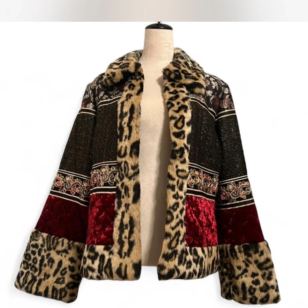Boston Proper Leopard and Red Velvet Teddy Jacket - Picture 1 of 10
